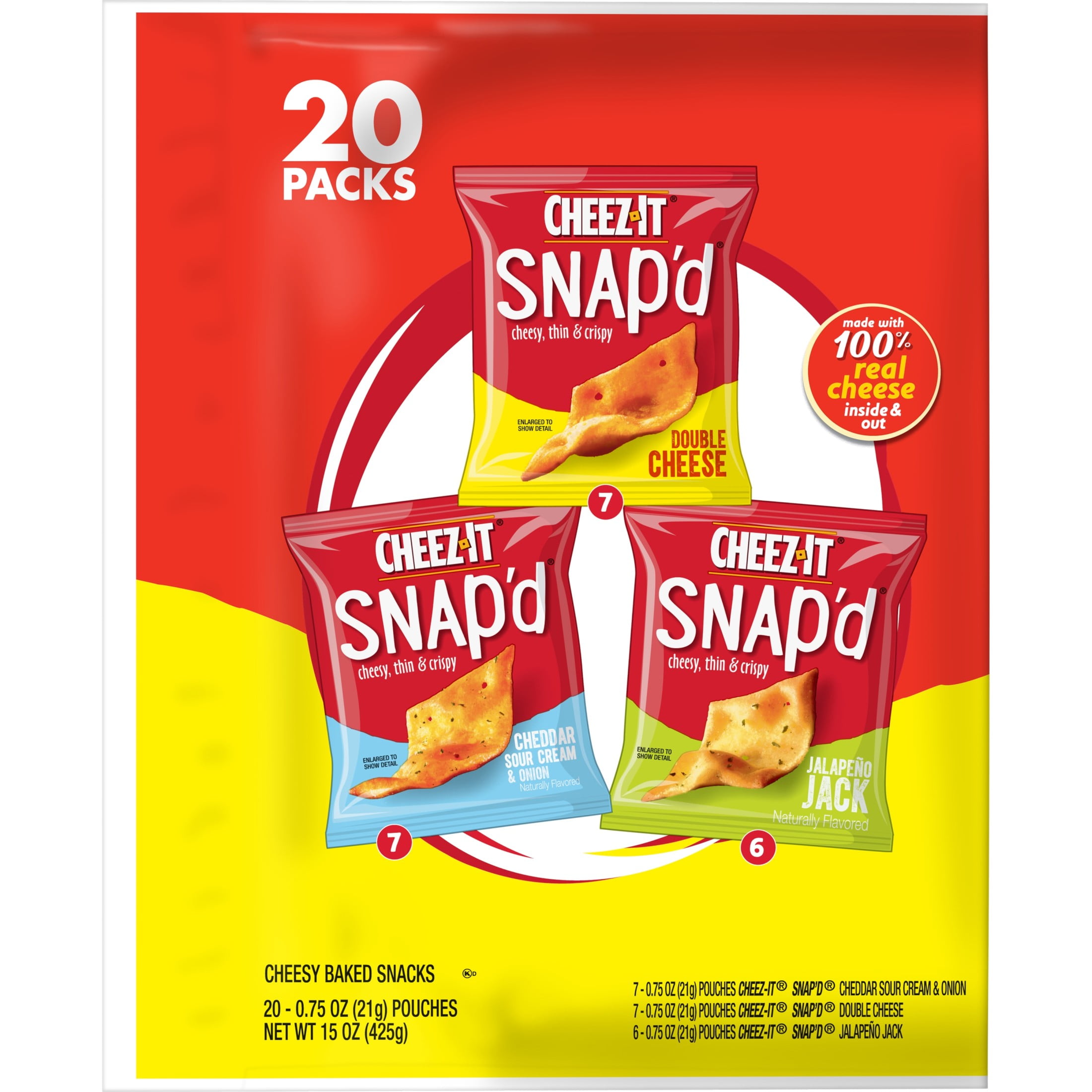 Cheez-It Snap'd Variety Pack Cheese Cracker Chips, Thin Crisps, 20 Count