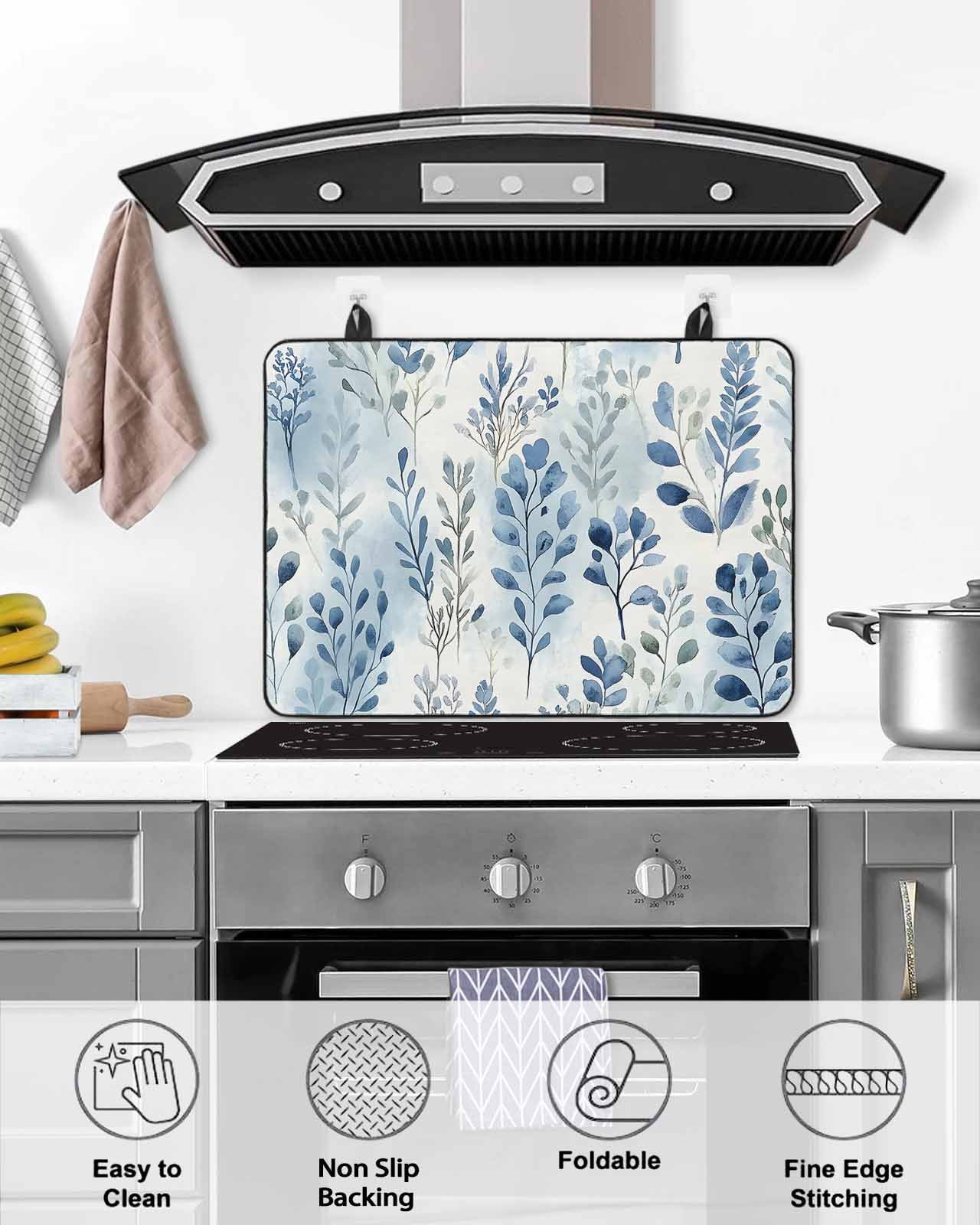 nqOlkjepod Large Induction Cooktop Protector Mat 36"x21", Blue Botanical Stove Top Covers for Electric Stove, Pastoral Spring Summer Leaf Decorative Stove Burner Cover Mats, Glass Top Stove Cover