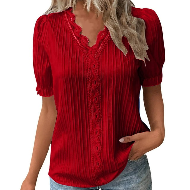 Tumotour Summer Tops For Women Solid Color V Neck Lace Blouse Tops Short Sleeve Shirt Ladies Tops And Blouses Summer Outfits Basic Tee