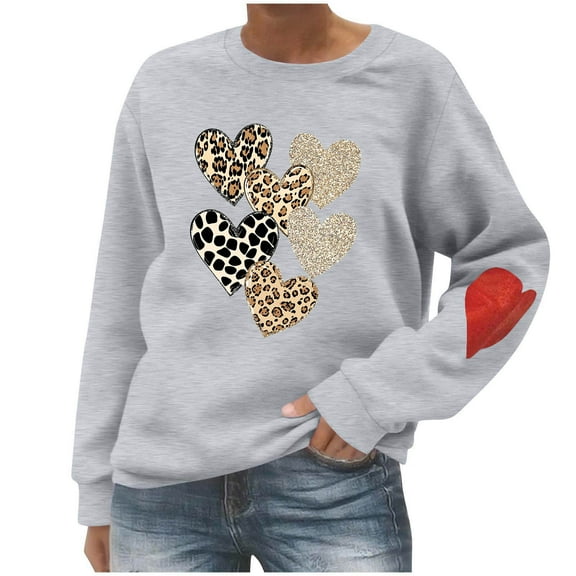 QTBIUQ Fashion Women Print Casual Long Sleeve Round Neck Ladies Loose Sweatshirt Tops Blouse Gray