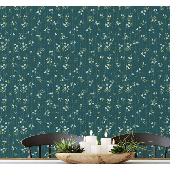S4Sassy Peel and Stick Wall Covering, Petite Midnight Floral Wallpaper Removable Wallwrap - Green Instant Wall Mural for Bedroom, Bathroom, Laundry Room, Closet Interior (25"x240" inch)
