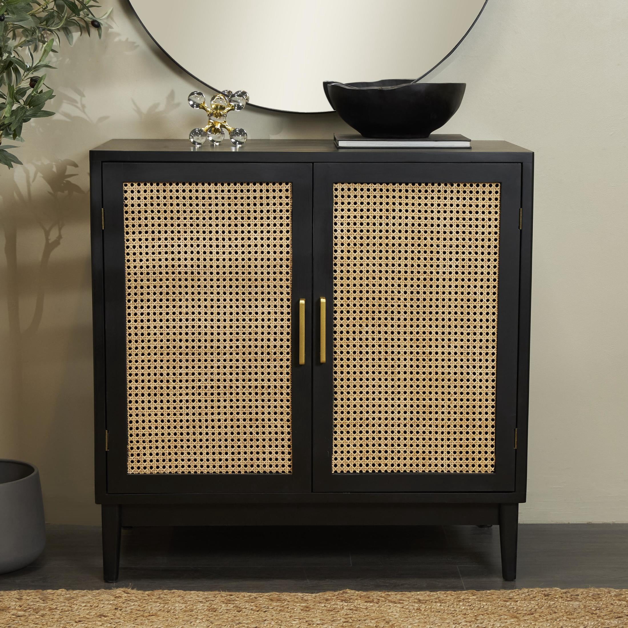 DecMode 36" x 36" Black Wood 2 Door Cabinet with Beige Rattan Doors and Gold Handles, 1-Piece