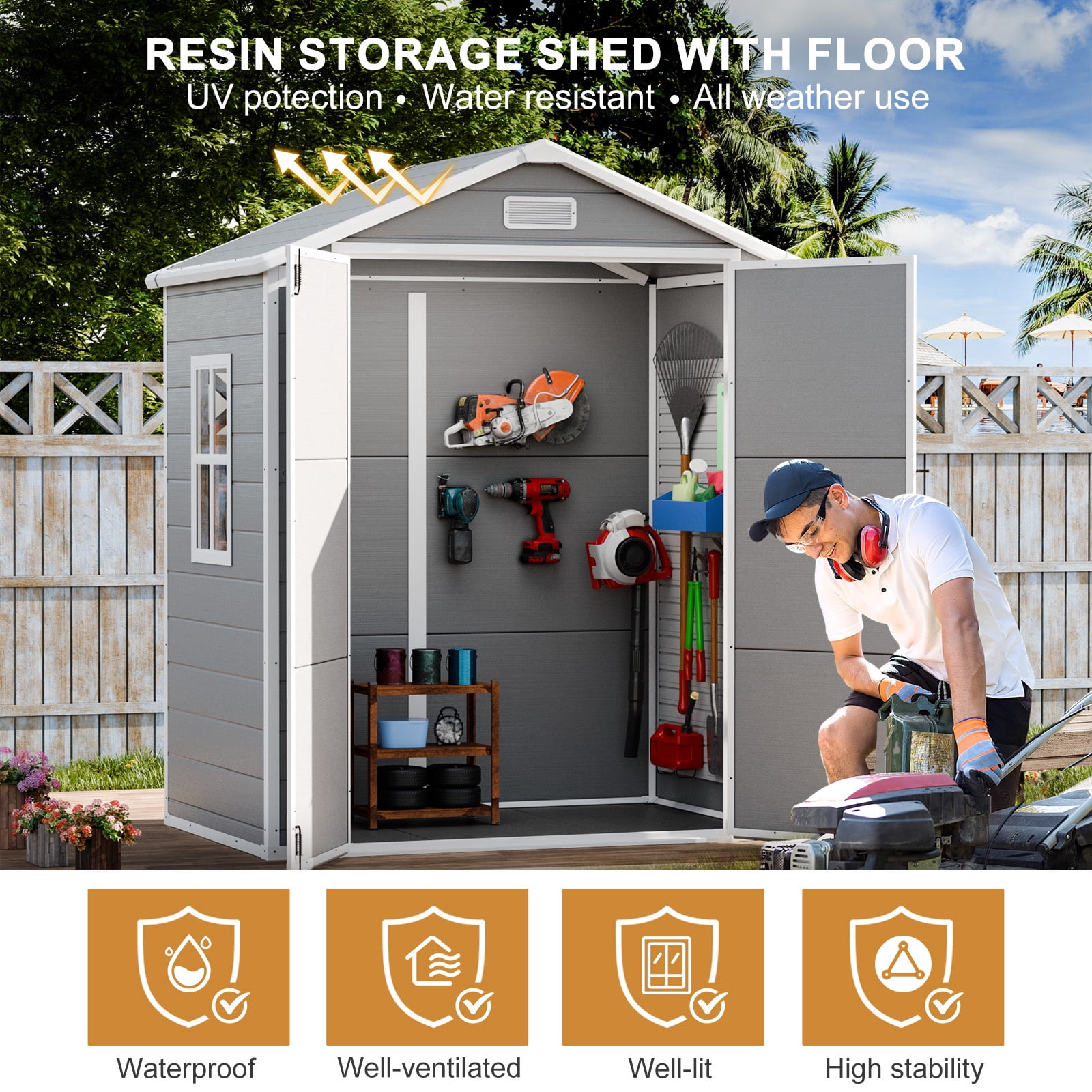 JULY'S SONG 6x3 FT Resin Shed, All-Weather Plastic Storage Shed with Floor, Lockable Outdoor Sheds, Waterproof Garden Tool Shed for Backyard, Gray