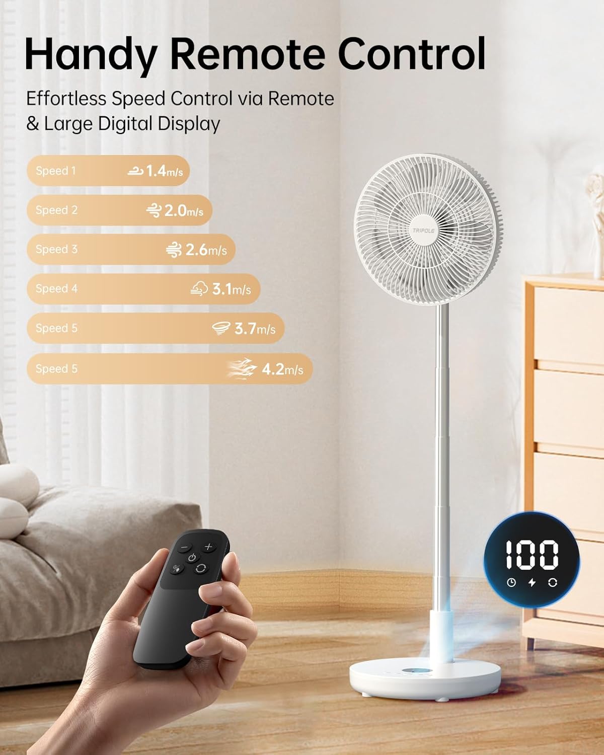 Portable Oscillating Standing Fan with Remote, Quiet 12" Rechargeable Pedestal Fan for Bedroom Office, Foldable Battery Powered Travel Fan, Adjustable Height, 8H Timer, 6 Speeds, 44.4Wh