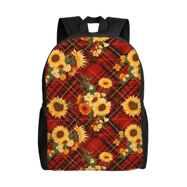 Disketp Red Plaid Sunflower Mochila Unisex de Apertura Lateral Completa, Mochila para Laptop para Escuela, Trabajo y Viajes