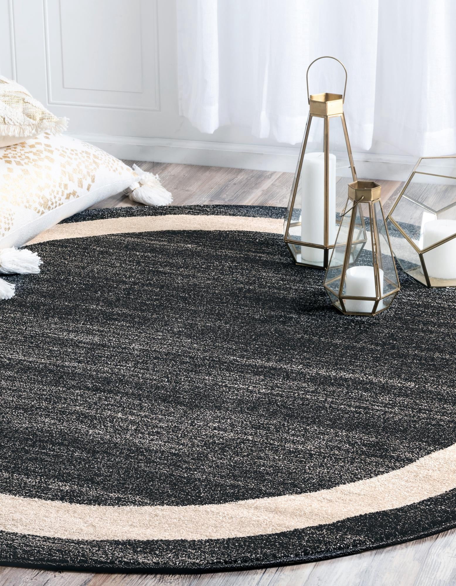 Rugs.com Angelica Collection Rug – 8 Ft Round Black Medium Rug Perfect For Kitchens, Dining Rooms