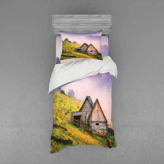 Ambesonne Nature Bedding Set 3 Pcs, Wooden Houses Mountain, Twin XL, Green Brown
