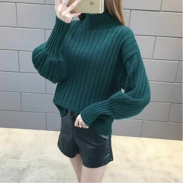 Suéter holgado de cuello alto con mangas acampanadas para mujer, jersey de primavera y otoño, camisa básica de punto de invierno a la moda y holgada