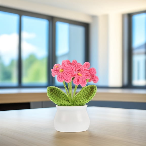 USHOBE Handcrafted Pink Wool Crochet Flower Bonsai for Home Decoration