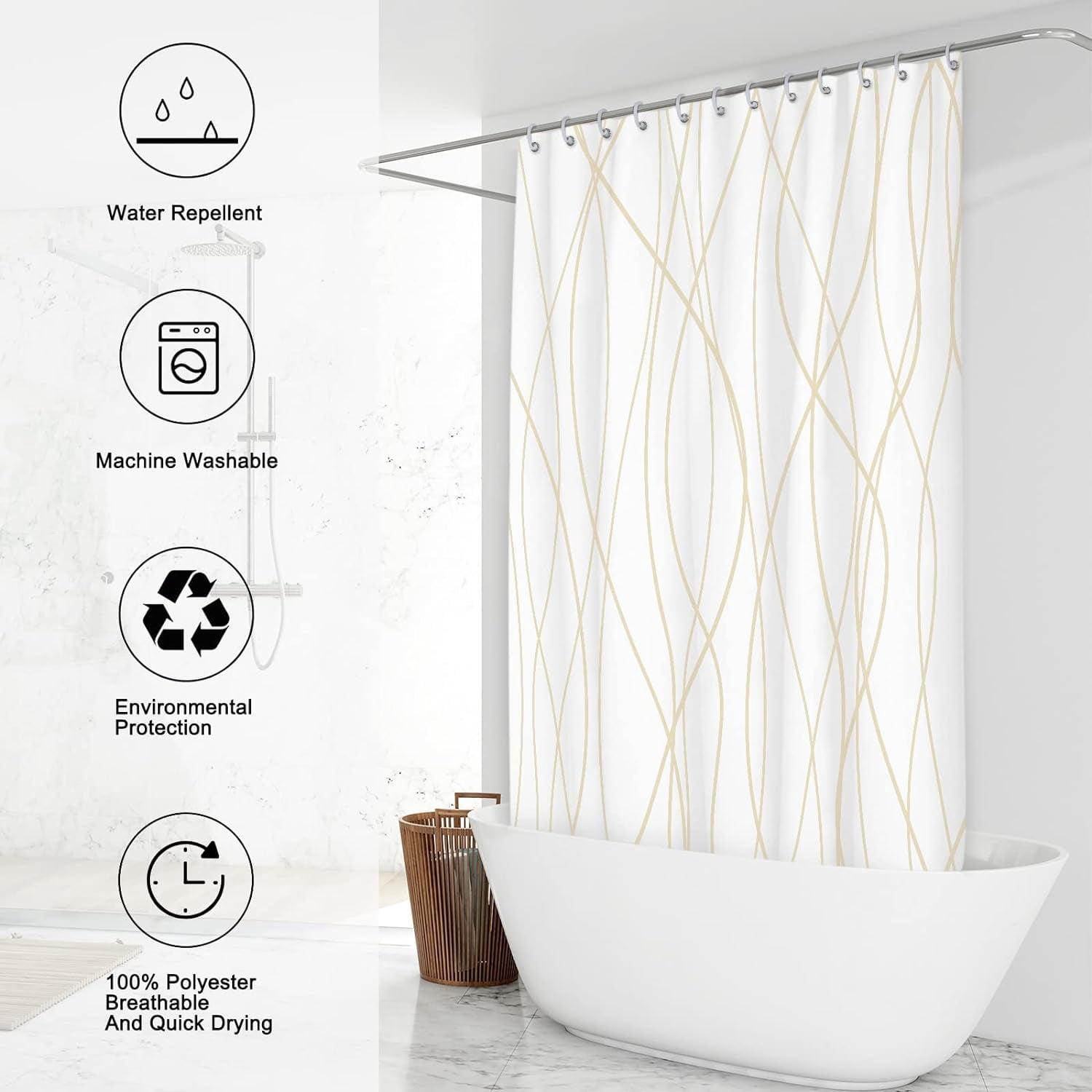 Beige Khaki Shower Curtain for Bathroom with Hooks, Extra Long Shower Curtain Set Stripe Bath Curtains Decorative White Shower Curtains Weighted Hem Water Repellent Washable, 72x72