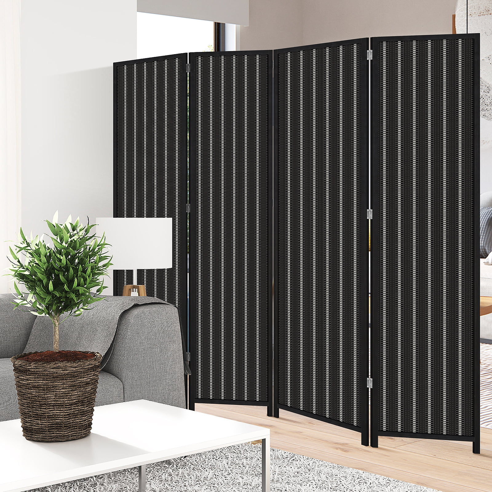 BIQWBIC Bamboo Room Divider Folding Privacy Screen, 72 Inches High, 4 Panel, Black