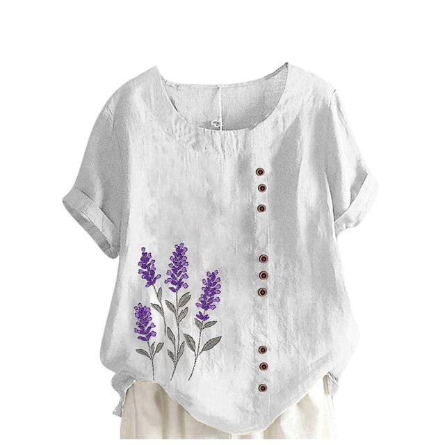 LMKIHUSA Short Sleeve Linen Shirt Women Elegant Floral Print Tops Button Down Round Neck Blouses Casual Dressy Summer 2025 Tunics White,L