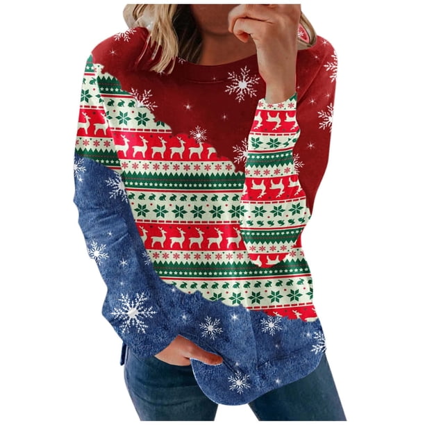 Sudaderas de cuello redondo de Navidad de manga larga para mujer, suéter holgado informal, blusa con estampado de Papá Noel y gato bonito Fridja FKASFK215