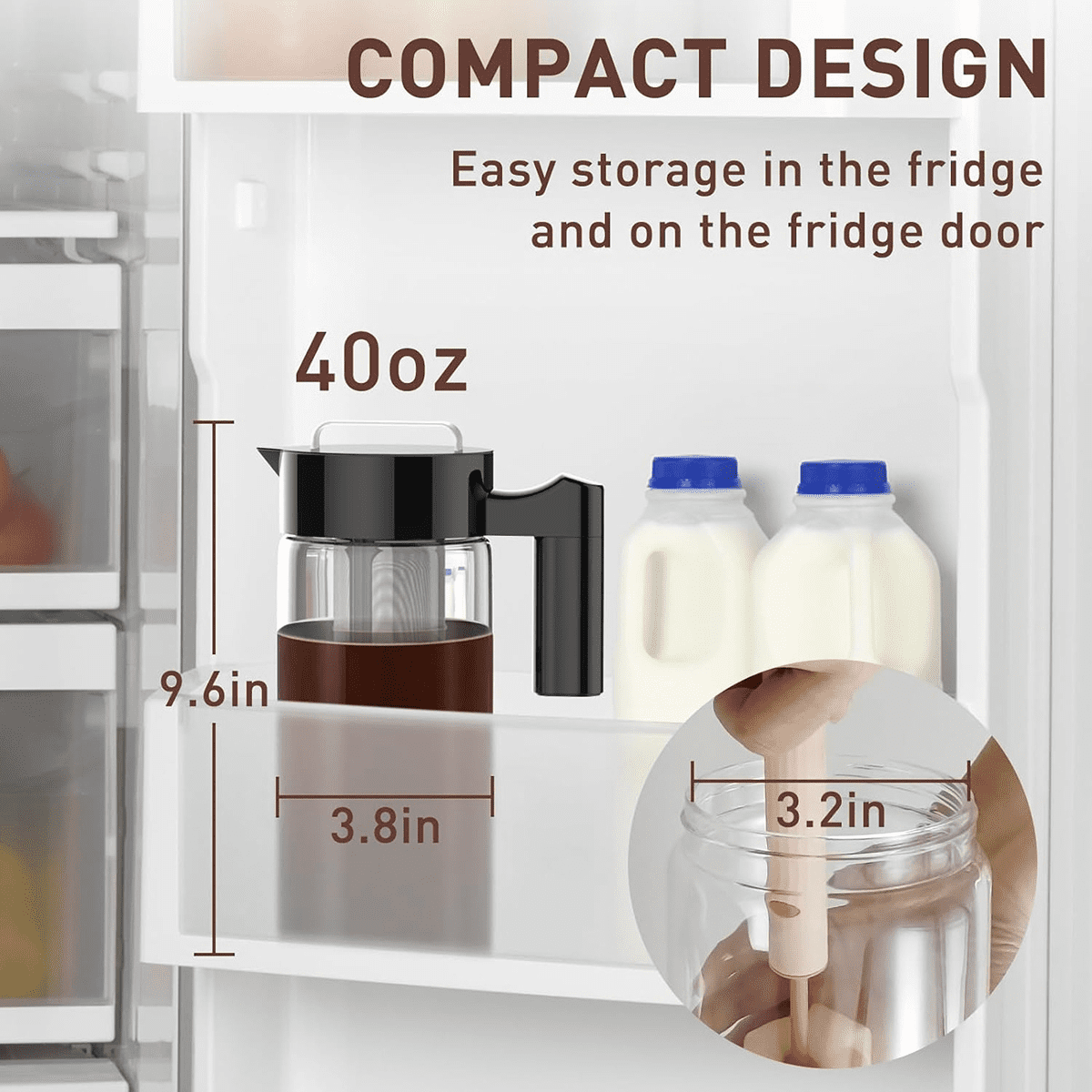 Cold Brew Coffee Maker, 40 Oz Iced Pitcher with Mesh Filter, Glass Ice Making Jug for Fridge Black