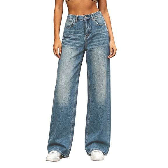 Cfrylhy Womens Jeans Loose Straight Leg Button Denim Pants Trendy Casual Solid Color Trousers