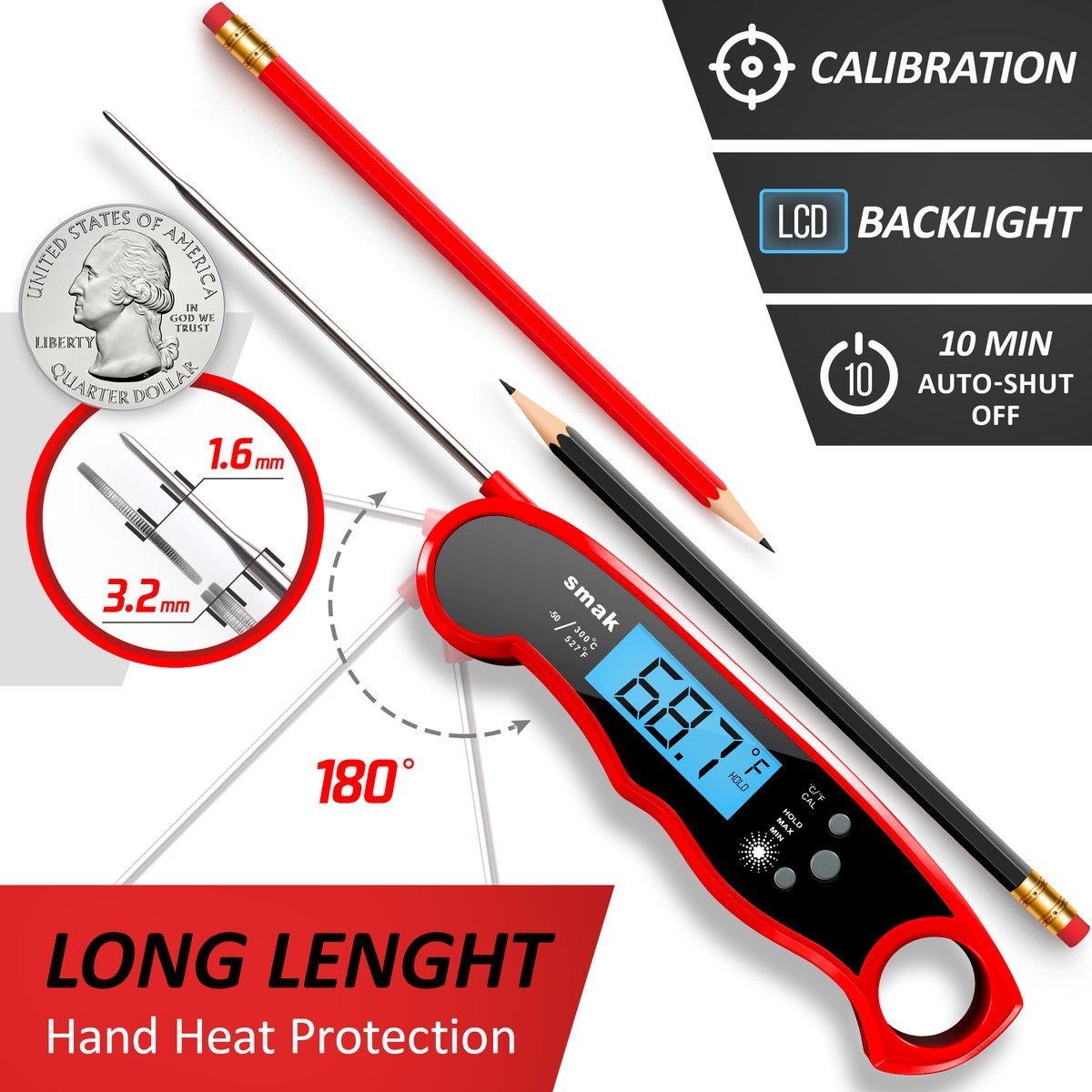 Digital Instant Read Meat Thermometer – Waterproof Kitchen Food Cooking Thermometer with Backlight LCD – Best Ultra-Fast Electric Meat Thermometer Probe for BBQ Smoker Roasting Turkey,Chilli