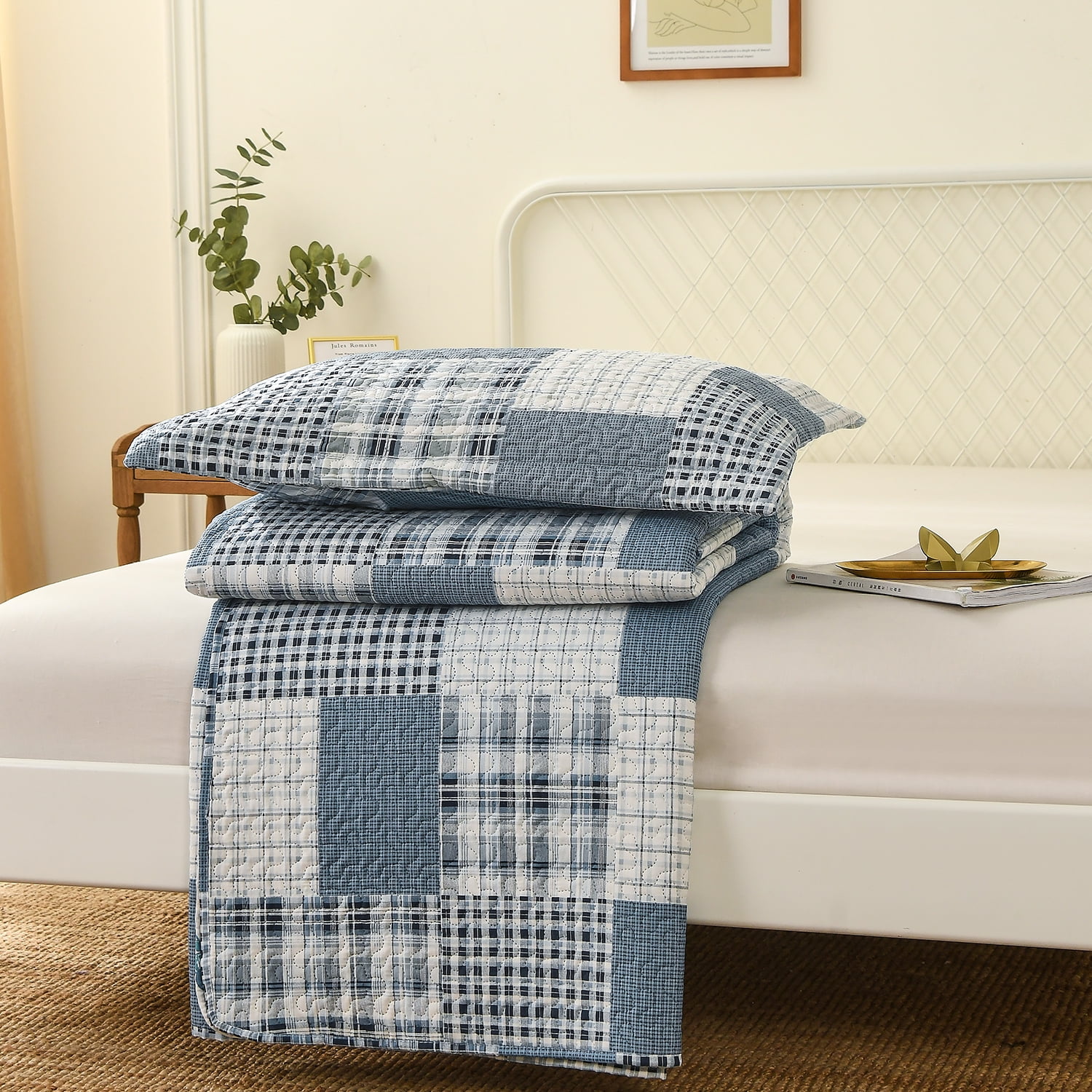 Kebury Quilt Set King Size Plaid Bedding Microfiber Ultra Soft Bedspread Ligthtweight Blue Gray Quilt Coverlet Collection for Bedroom (1 Quilt, 2 Pillow Shams)