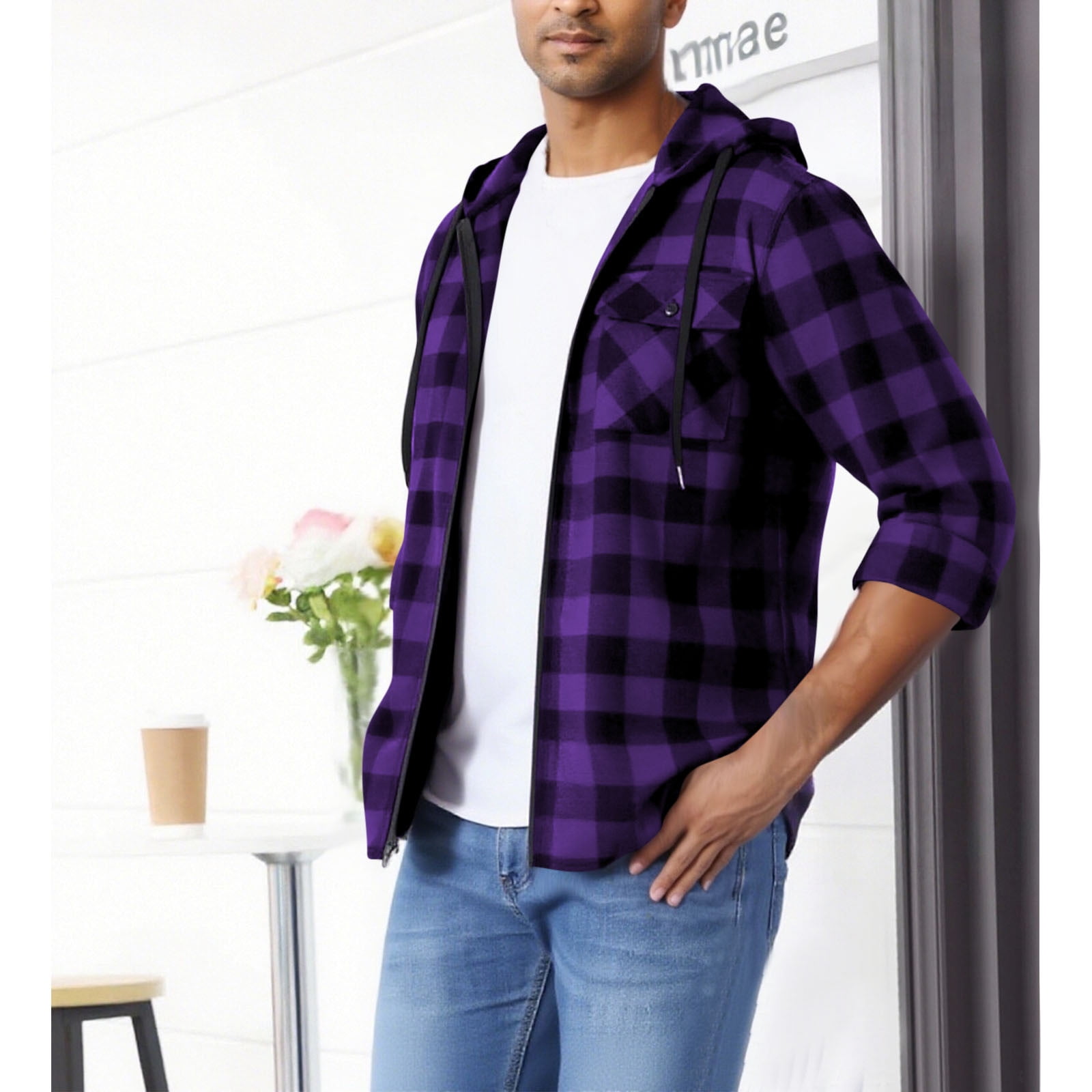 Brnmxoke Mens Holiday Flannel Shirts Drawstring Hooded Full Zip