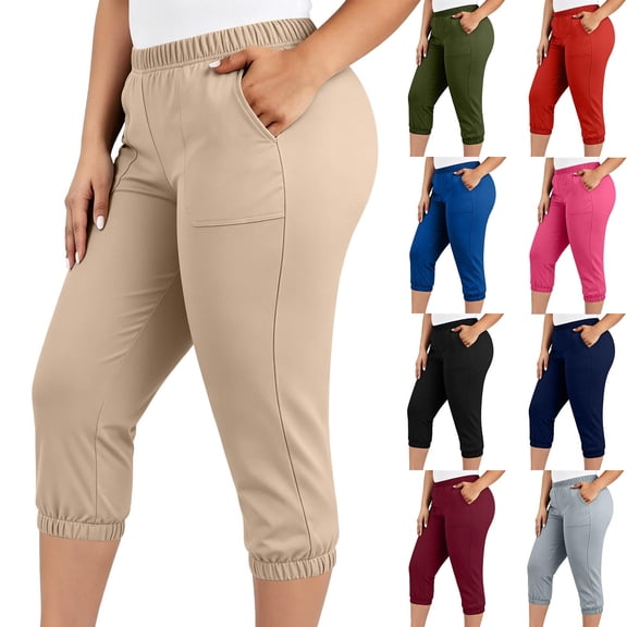 VBVC Women's Elastic Waist Capri Jogger Pants , Lightweight Stretchy Cropped Pants For Women,Ladies' Athletic Trousers with Visible Stitching Pockets,Beige,XL-5XL