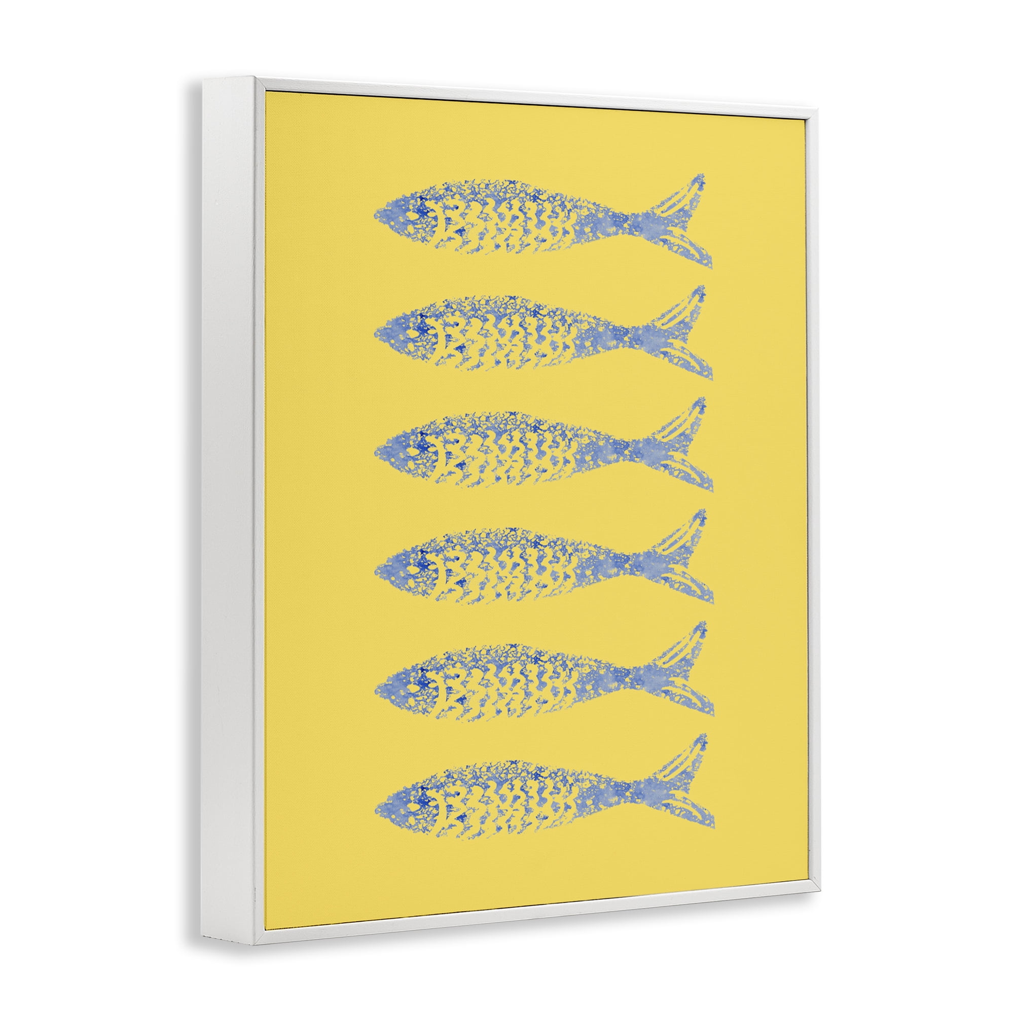 Stupell Industries Sardine Stamps on Yellow White Framed Giclee Art, design by Julie DeRice