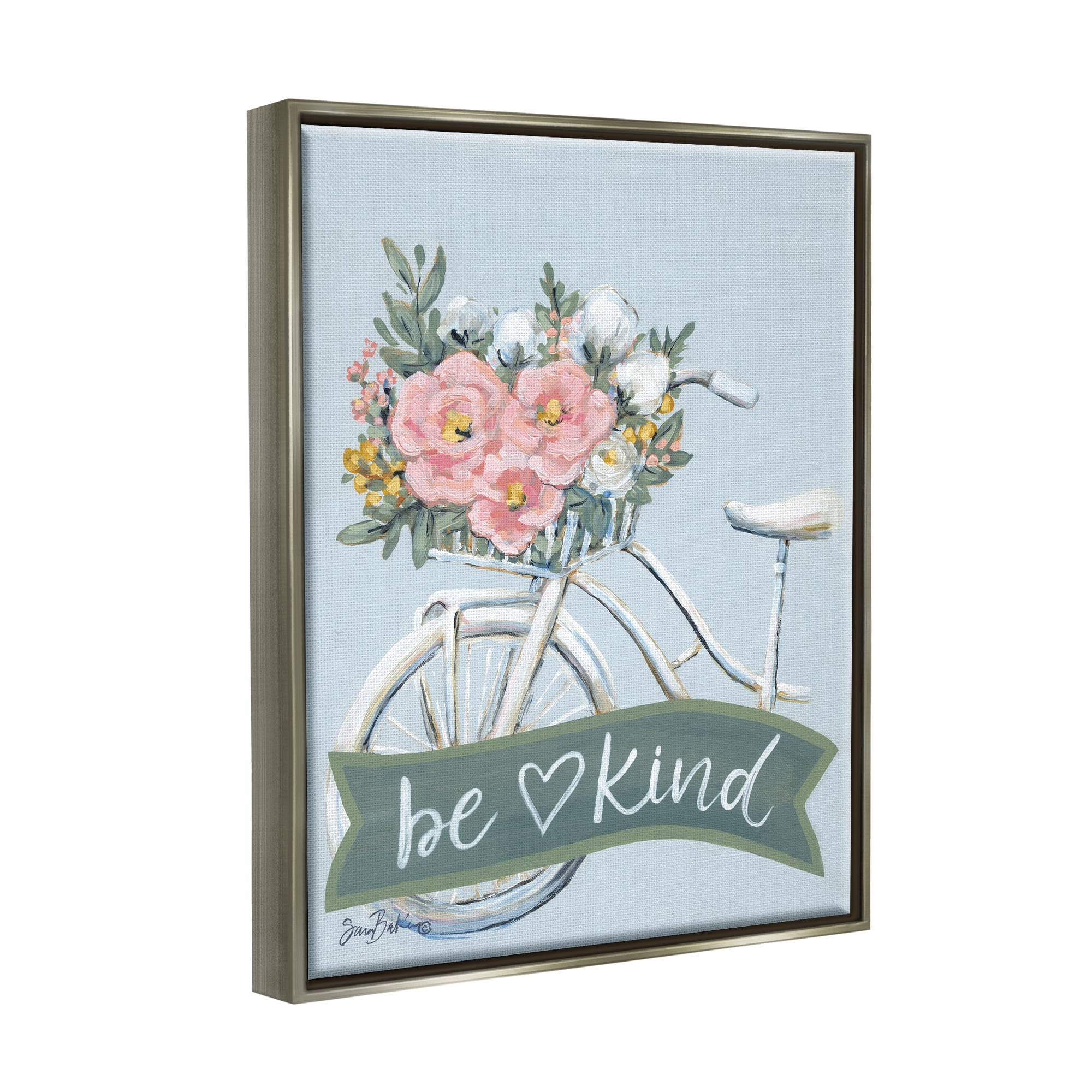 Stupell Industries Be Kind Floral Bicycle Botanical & Floral Painting Gray Floater Framed Art Print Wall Art, 25 x 31