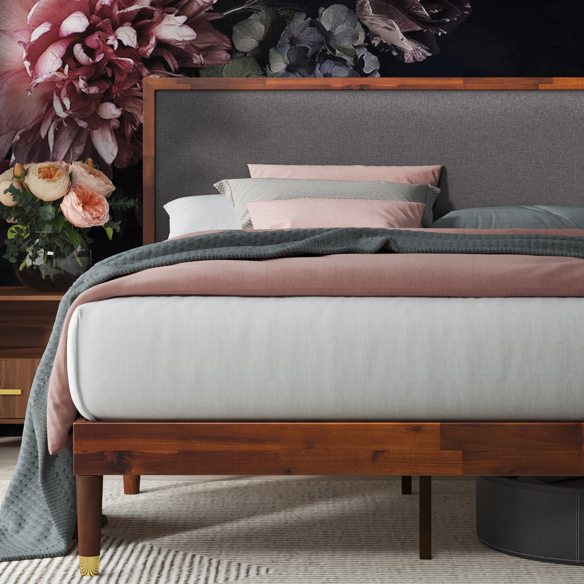 Zinus Raymond 38" Wood Platform Bed Frame with Adjustable Upholstered Headboard, Queen
