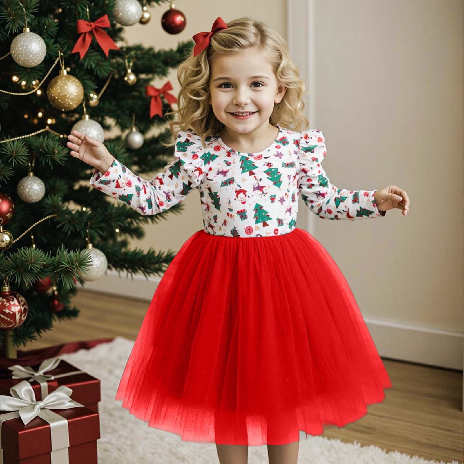 Toddler Christmas Girls Dresses Long Sleeve Party Dress With Cartoon Print Kids Holiday Casual School Clothing Red Size 3-4T