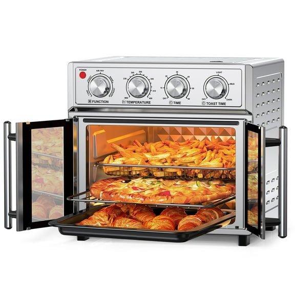 6-in-1 Multi-Function for Bake, 27.5QT Large capacity French Double-Door Air Fryer Convection Toaster Oven, 1700W, 7 Preset Menus, Roast, Grill, Toast, Dehydrate& Defrost, Stainless Steel