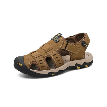 Men’s Leather Sandals Outdoor Hiking Sandals Waterproof Athletic Sports Slippers Fisherman Beach Flip Flop Closed Toe Water