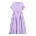 thumbnail image 5 of Women's Cotton Linen Short Sleeve Casual Dress Solid Color Button Down Midi Dress with Ruffle Hem Loose Fit Summer Beach Sundress, 5 of 8