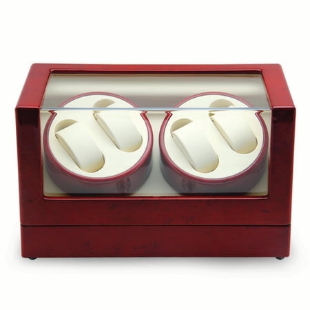 Rotations High Gloss Red Burlwood Finish with Acrylic Window Velveteen Lined Wood Composite 4-Watch Winder (AC Powered) QGM13137