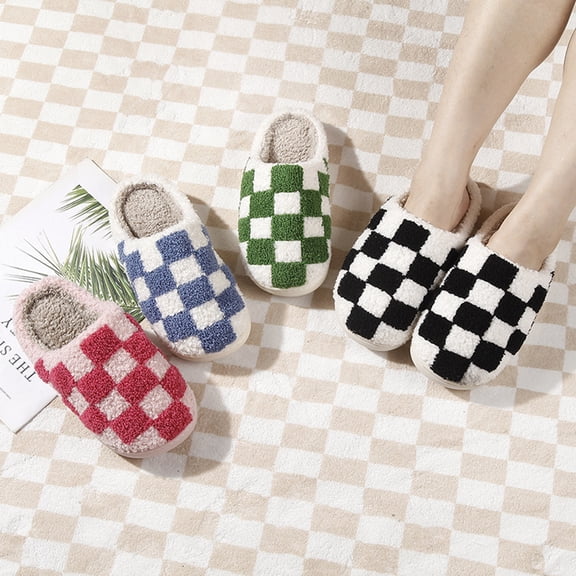 harmtty 1 Pair Cozy Checkerboard Cotton Slippers Warm Soft Non-Slip Unisex Thickened Bottom Cotton Shoes Home Supply foot warmers for feet Black