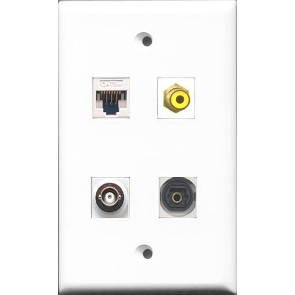 RiteAV 1 Port RCA Yellow and 1 Port Toslink and 1 Port BNC and 1 Port Cat5e Ethernet White Wall Plate
