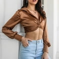 thumbnail image 4 of Ltctricy Women's Crop Tops Comfy Deep V Neck Knot Front Lantern Long Sleeve Shirts 2025 Trendy Casual Blouses, 4 of 7