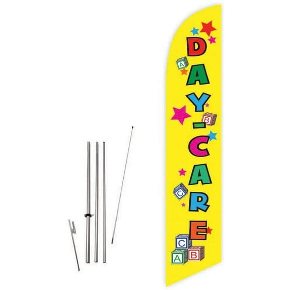 Cobb Promo Day Care Yellow Feather Flag with Complete 15ft Pole kit and Ground Spike