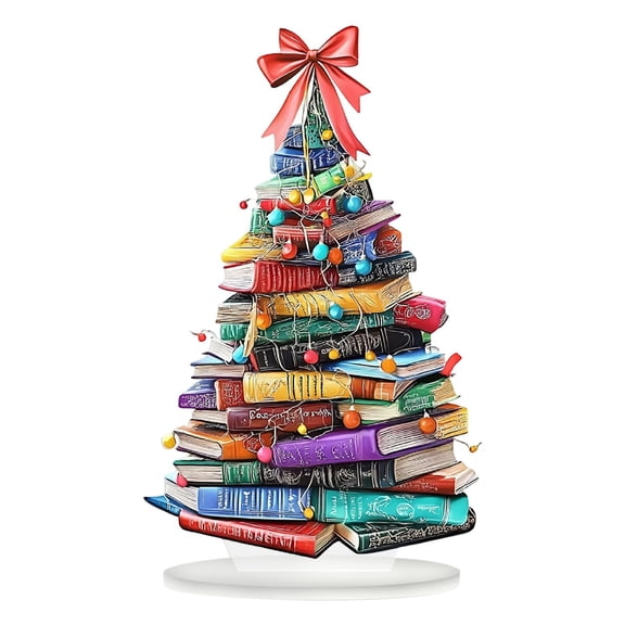 Acrylic Christmas Tree Tabletop Sign, 2D Book Stack Ornament with Stand for Holiday Home Decor, Flat Seasonal Centerpiece for Desktop Window Shelf Display and Christmas Table Arrangement