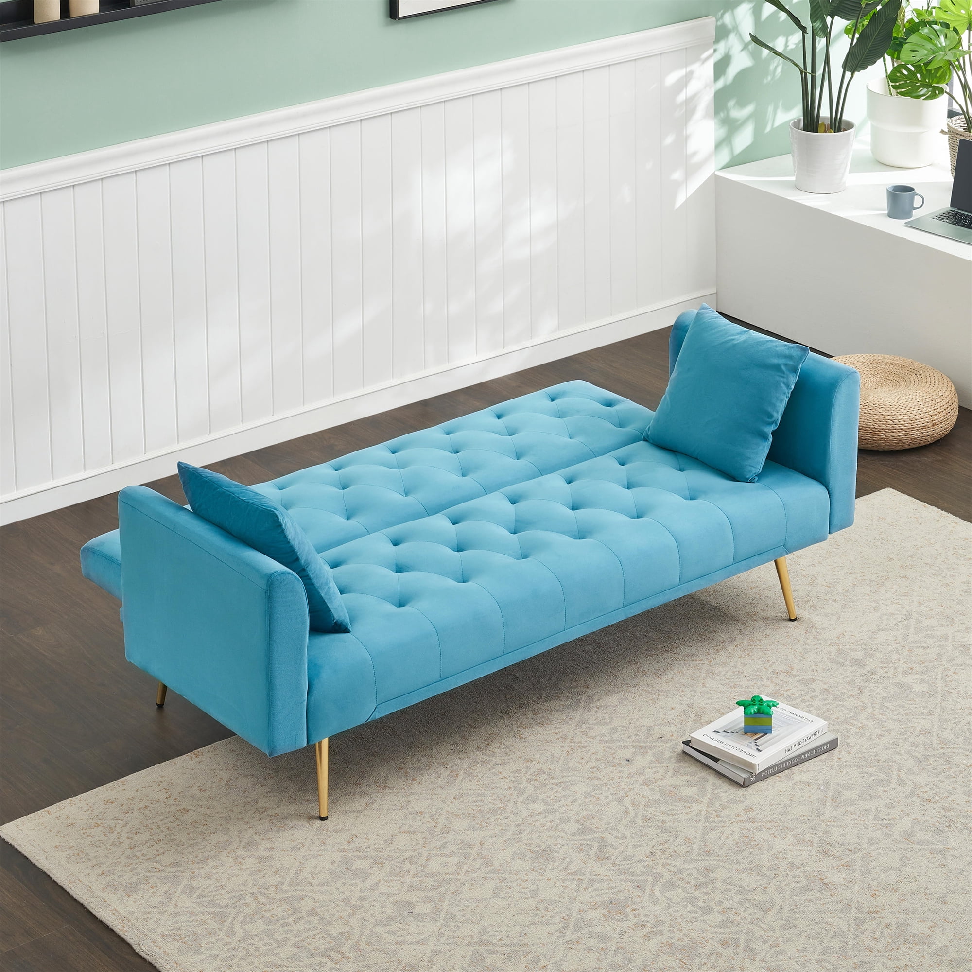 Aukfa Curved Arm Futon Convertible Sofa Bed for Home Office, 2 Pillows, Tufted Back, Velvet, Light Blue