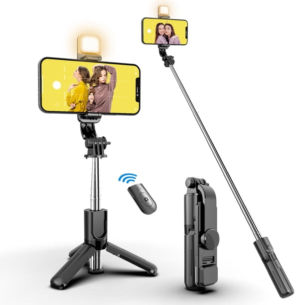 Bluetooth Selfie Stick, Selfie Stick Trípode Bluetooth Selfie Stick Monopod de aluminio extensible con control remoto desmontable y soporte estable y rotación de 360° para teléfono brillar Electrónica