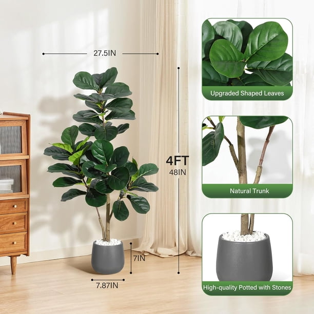 4 ft artificial fiddle leaf fig tree con 48 leaves - realistic faux ficus lyrata in 78 in gris planter pot, ideal para para home, oficina, sala de estar decor y housewarming gifts