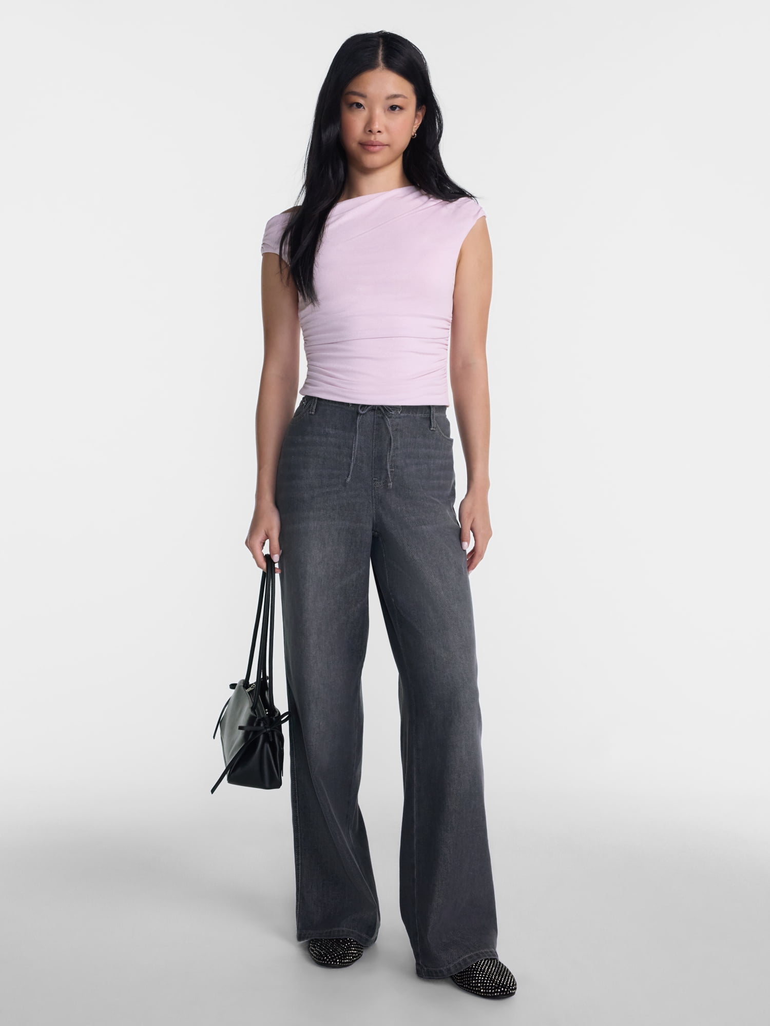 No Boundaries Mini Waistband Wide Leg Pants, 31'' Inseam, Women's XXS-XXL