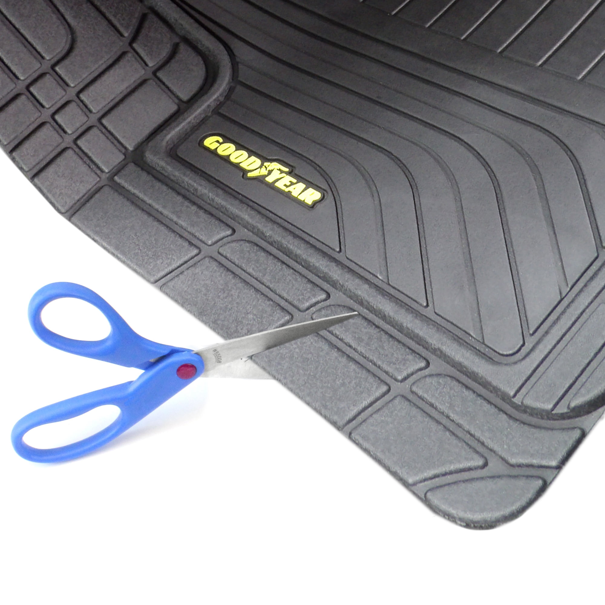 Goodyear 5-Piece Sport All-Weather Rubber Floor Mat Set – Black with Yellow Logo + 2 Cup Holder Coasters – Heavy Duty Universal Trim-to-Fit Car, SUV & Truck Floor Mats