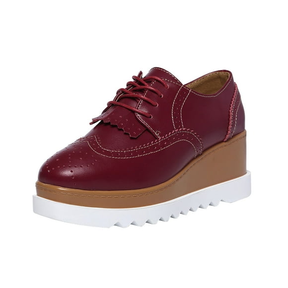 Ladys Oxford Shoes British Style Tassels Hollow Out Lace Up Wingtips Toe Thick Sole Muffin Sloping Heel Platform Wedge Fashion Elevator Leather Shoes Wine