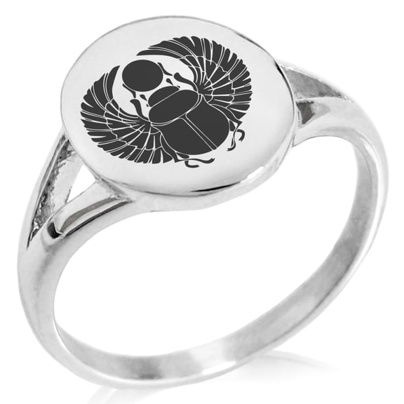 Stainless Steel Scarab Beetle Rising Sun Minimalist Oval Top Polished Statement Signet Ring