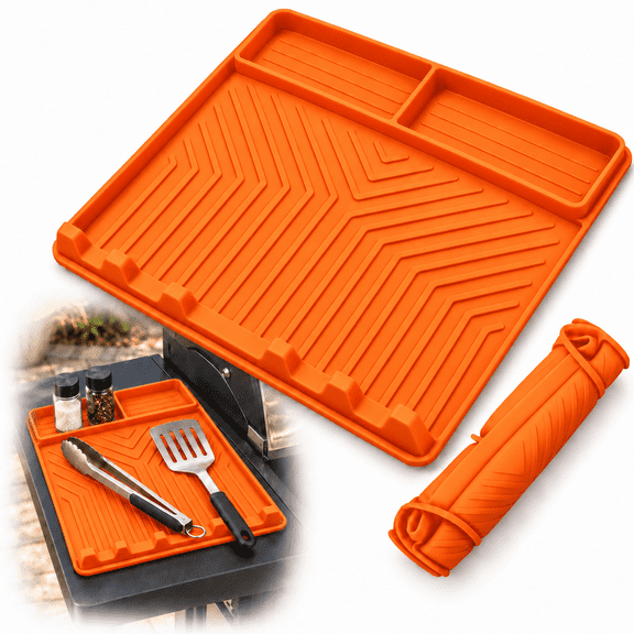 MOJINO Silicone Grill Mat Compatible with Blackstone, BBQ Griddle Accessories, Silicone Spatula Rest with Drip Pad for Side Shelves, Gifts for Men, Orange