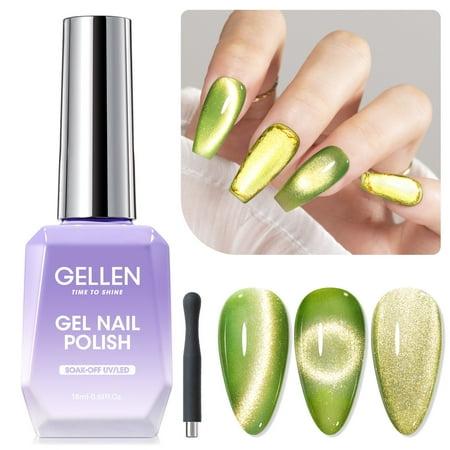 Gellen Cat Eye Gel Nail Polish 18ml Gel Polish with Magnet Stick Magnetic Shimmer Glitter Holographic Nail Polish Soak Off LED Gel for Nail Art DIY Lime Green