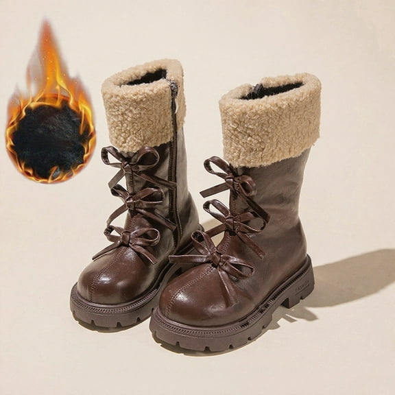 UQJfacai Girls Knee High Boots Kids Side Zipper Fall Boots Faux Leather Mid Calf Riding Shoes Bowknot Winter Warm Fleece Snow Boots