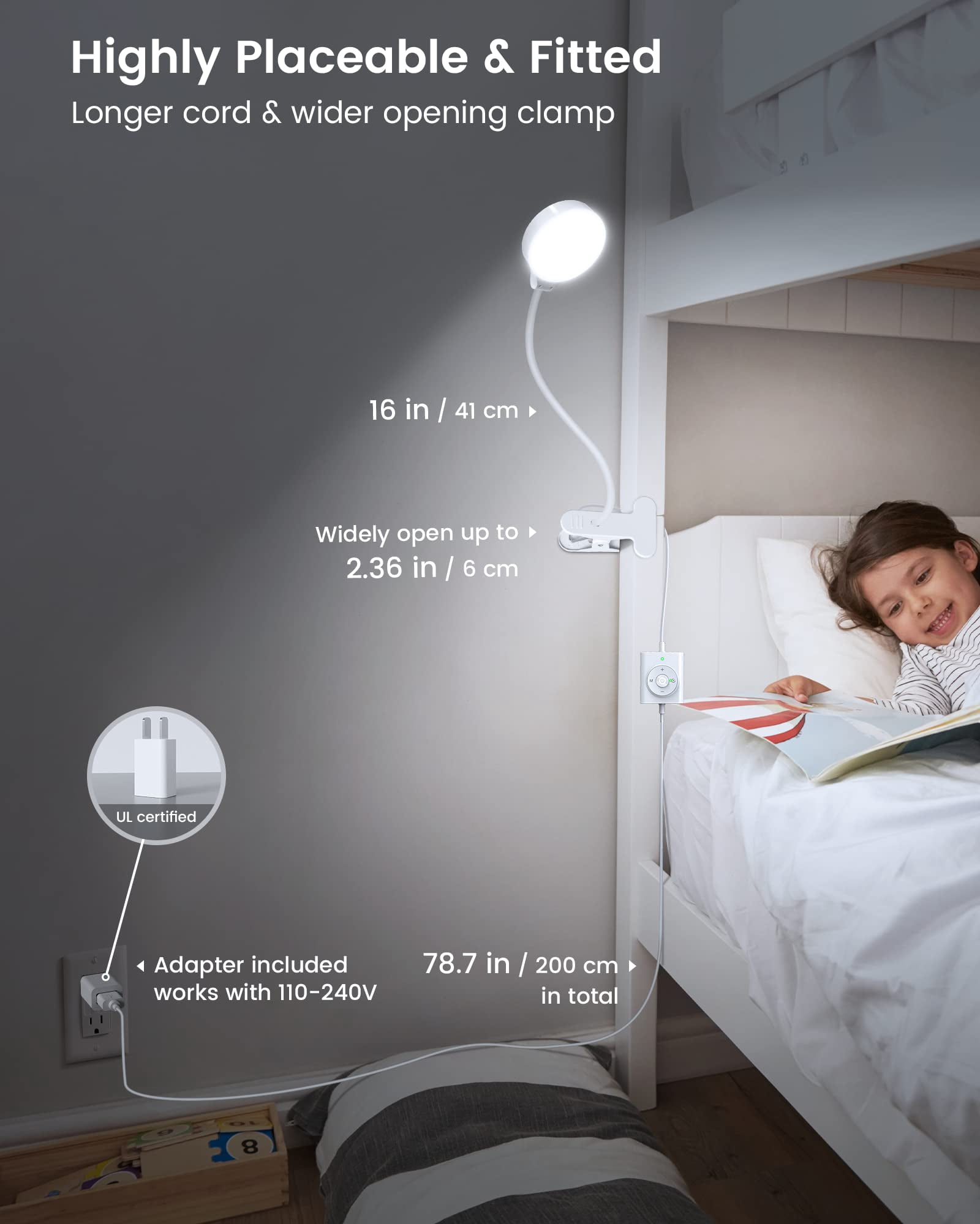 Glocusent 5W Clip on Light, 36LED Eye Caring Reading Light for Bed, 3 Colors & 5 Brightness Clip on Lamp with Adapter, Perfect Reading Light for Bed Lamp/Bunk Bed Light