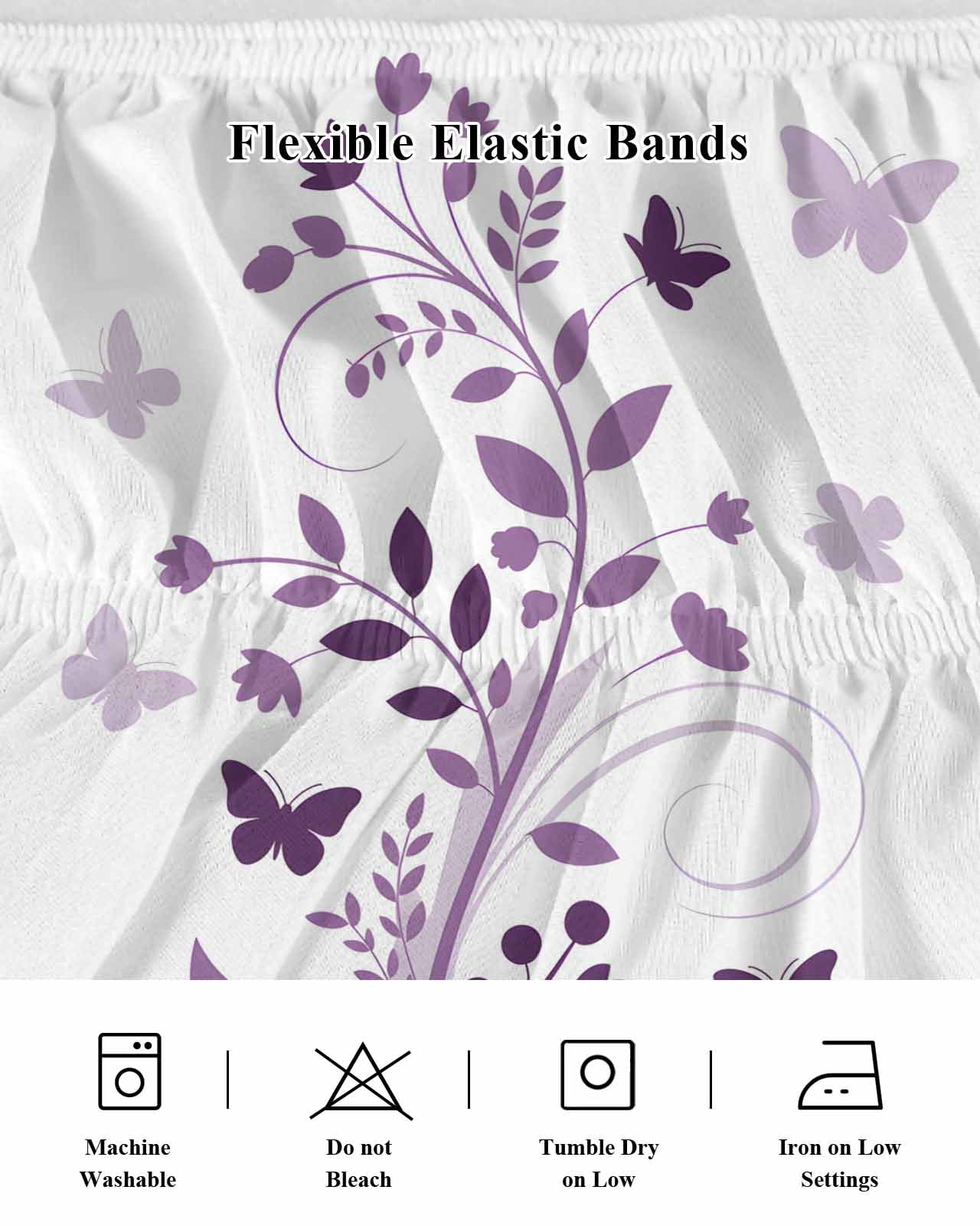 Purple WildFlower Bed Skirt King Size 16 Inch Drop, Spring Country Purple Floral Plant Butterfly Adjustable Elastic Dust Ruffles Bedskirt for King Bed Wrap Around Pleated Mattress Frame Cover
