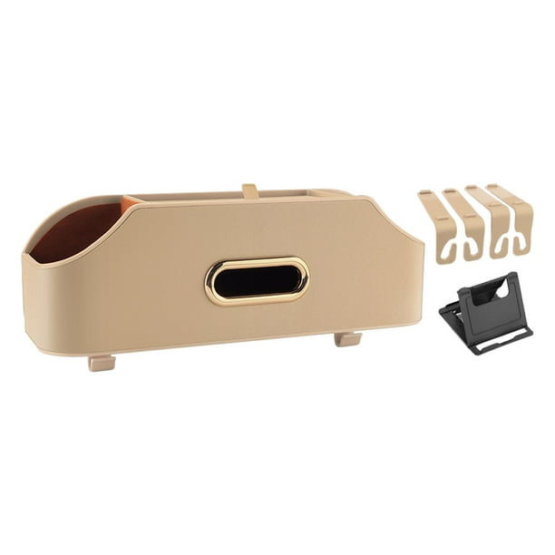 Organizador de asiento trasero de coche, caja de pañuelos, 2 portavasos, accesorios de viaje desmontables con ganchos, soporte para teléfono de cuero Beige