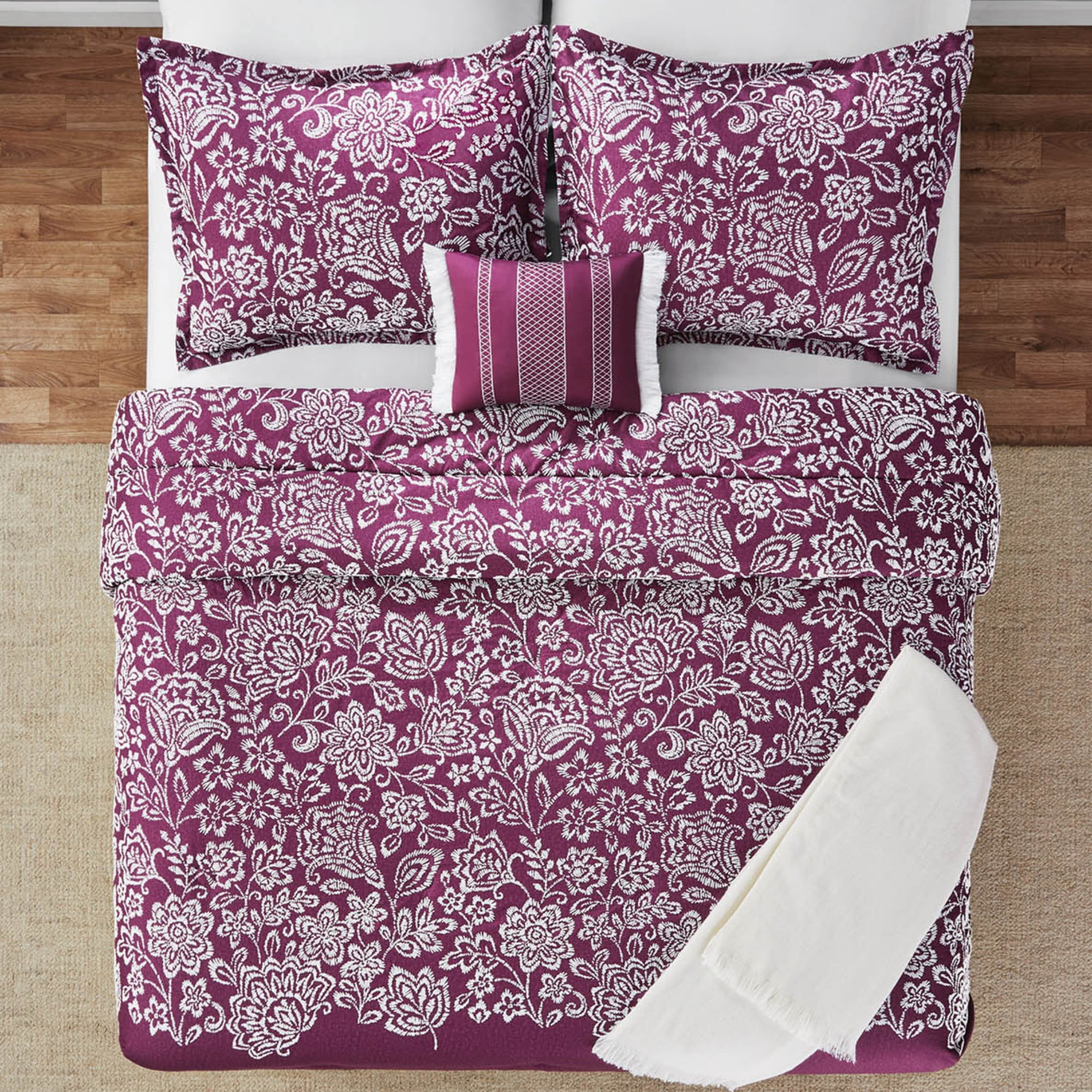 Mainstays 5-Piece Jacquard Comforter Set with Decor Pillow and Throw Purple Flocking Embroidery Bedding Set, Full/Queen